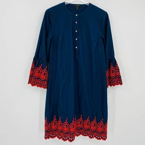 J. Crew Size XS Navy Blue & Red Eyelet Bell Sleeve Shift Dress - Picture 2 of 10